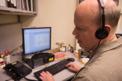 Mike Hoenig, a program coordinator in the Center for Disabilities and Development at UI Stead Family Children’s Hospital, uses a screen-reading program on the computer. 